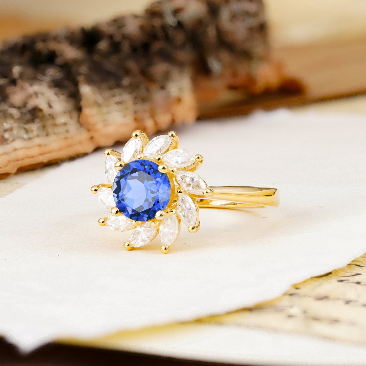 Nature-Inspired Classic Flower-Shaped 4-Prong Round Cut Sapphire Engagement Ring - Additional view