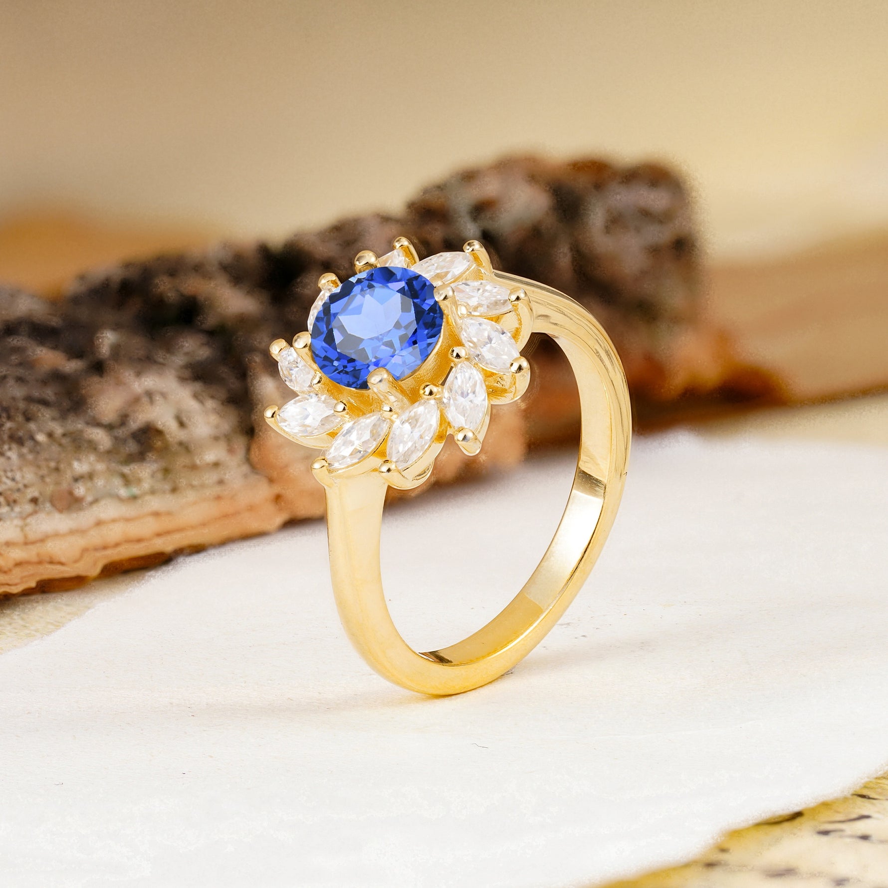 Nature-Inspired Classic Flower-Shaped 4-Prong Round Cut Sapphire Engagement Ring - Additional view