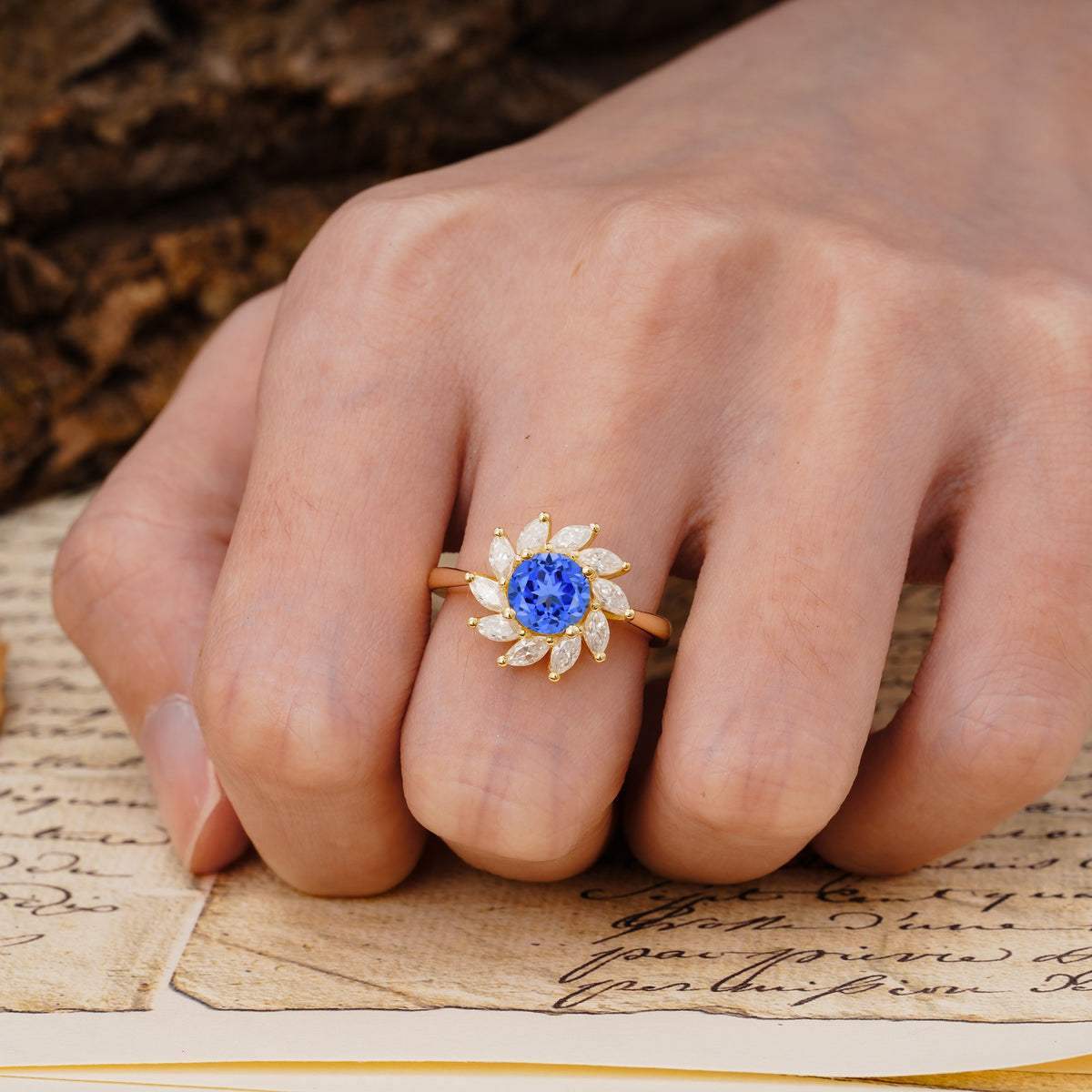 Nature-Inspired Classic Flower-Shaped 4-Prong Round Cut Sapphire Engagement Ring - Additional view