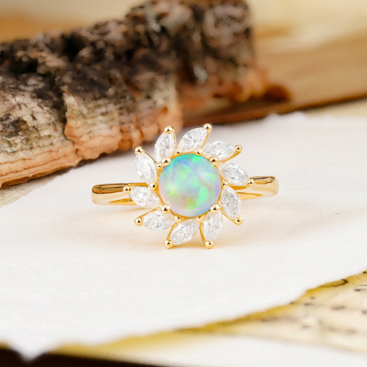 Nature-Inspired Classic Flower-Shaped 4-Prong Round Cut Fire Opal Engagement Ring - Additional view