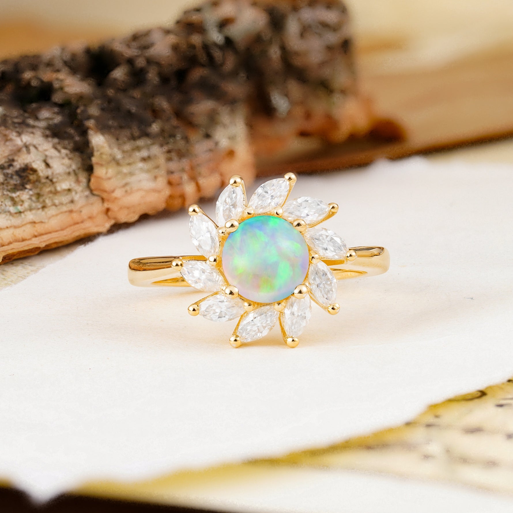 Nature-Inspired Classic Flower-Shaped 4-Prong Round Cut Fire Opal Engagement Ring - Additional view