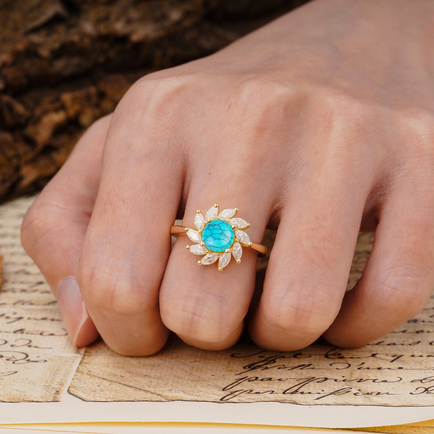 Nature-Inspired Classic Flower-Shaped 4-Prong Round Cut Turquoise Engagement Ring
