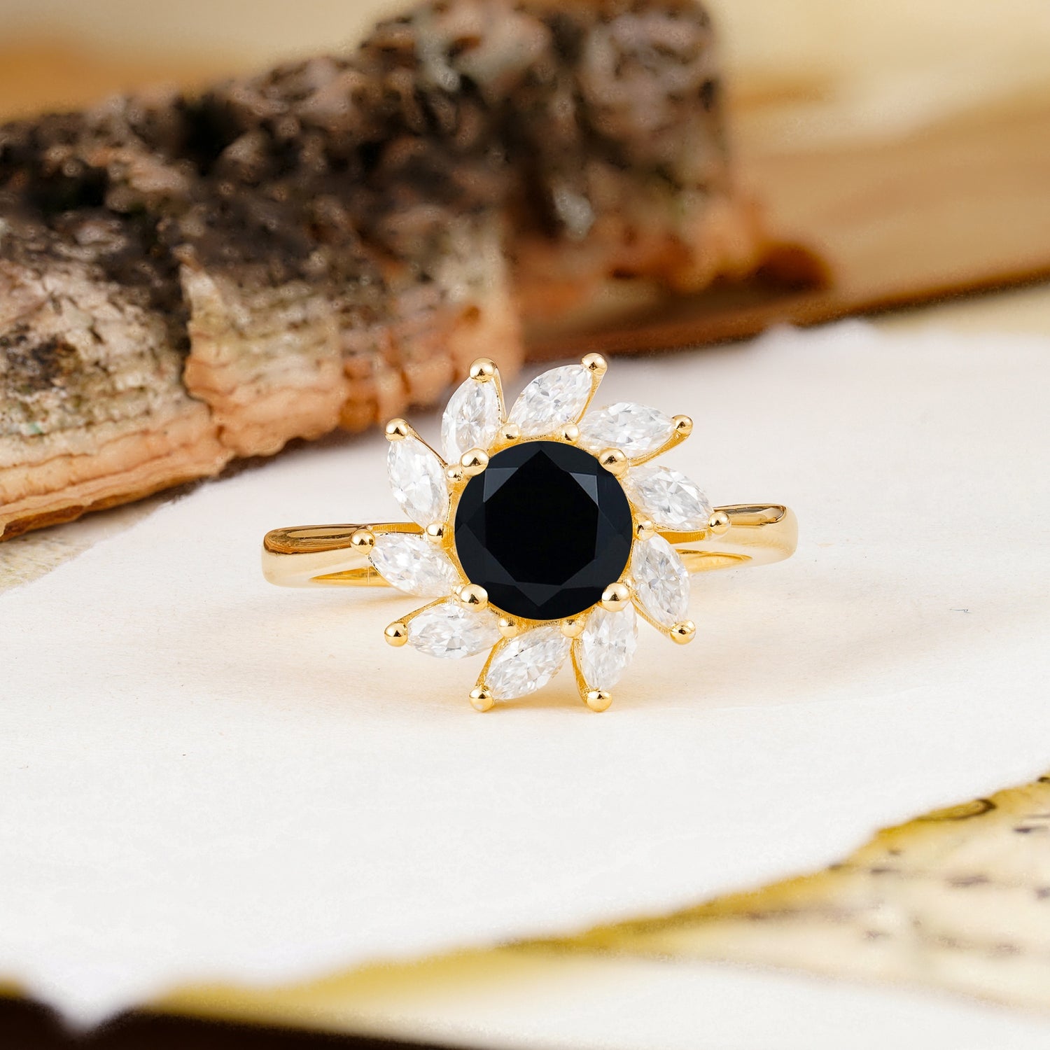 Nature-Inspired Classic Flower-Shaped 4-Prong Round Cut Black Onyx Engagement Ring