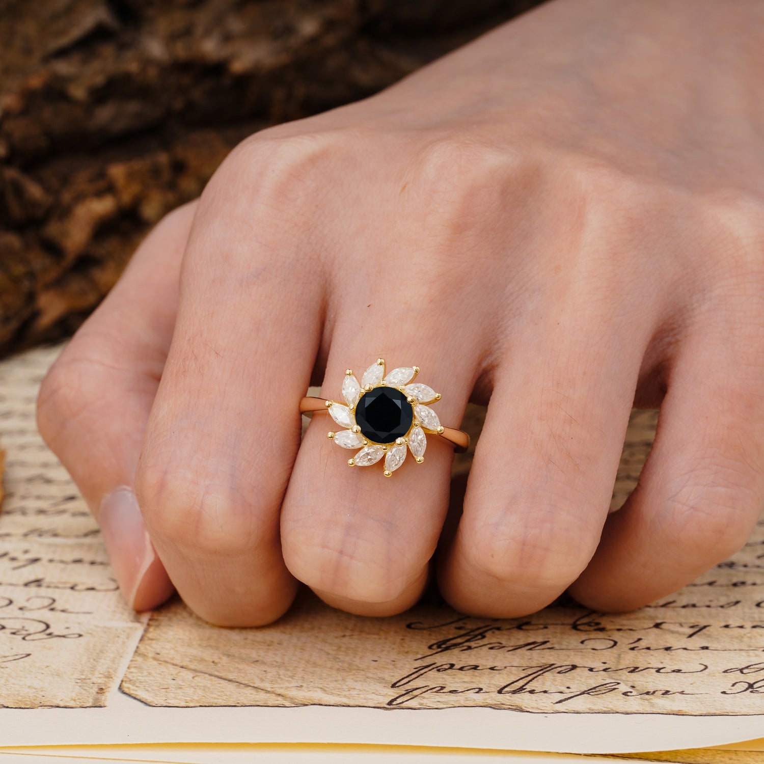 Nature-Inspired Classic Flower-Shaped 4-Prong Round Cut Black Onyx Engagement Ring