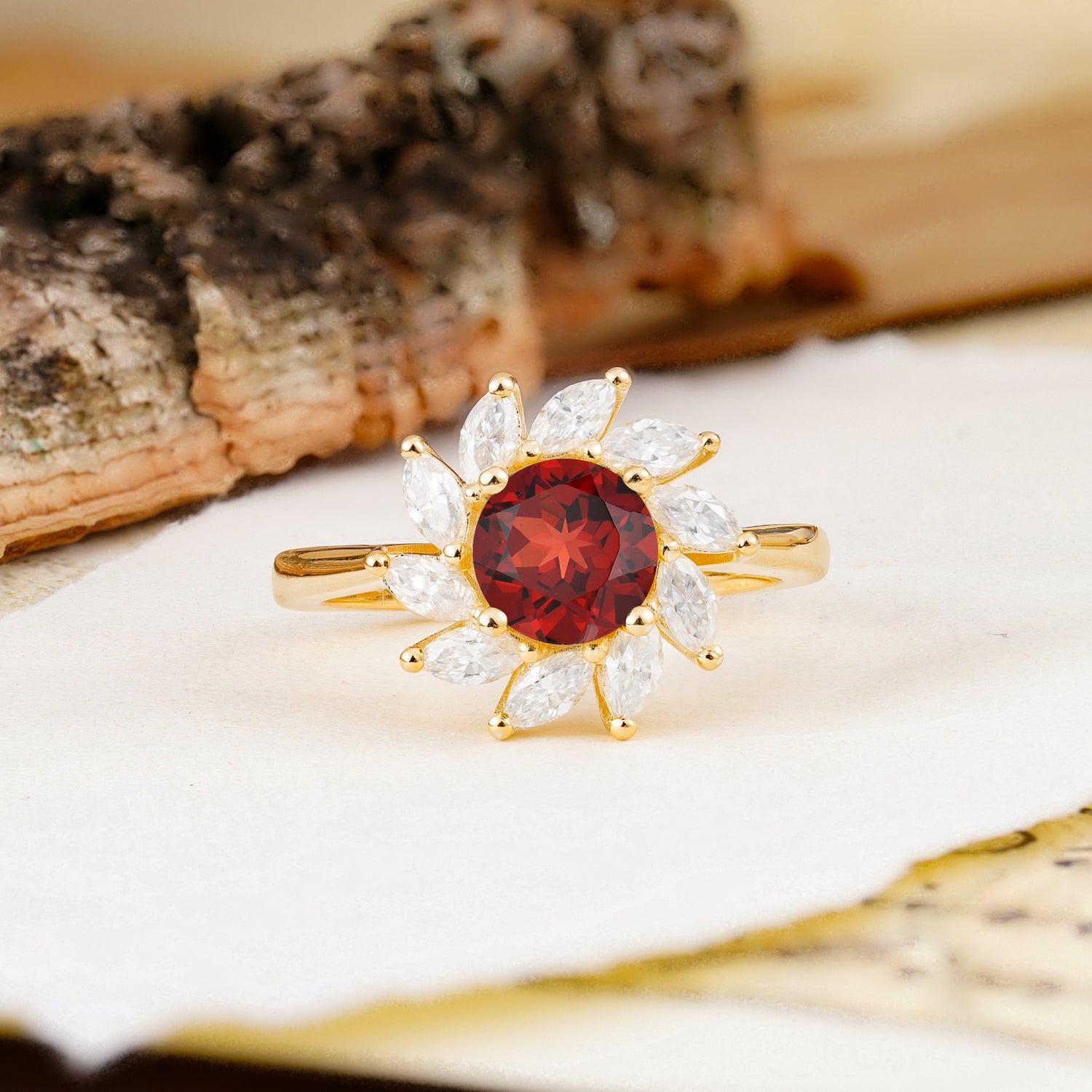 Nature-Inspired Classic Flower-Shaped 4-Prong Round Cut Garnet Engagement Ring