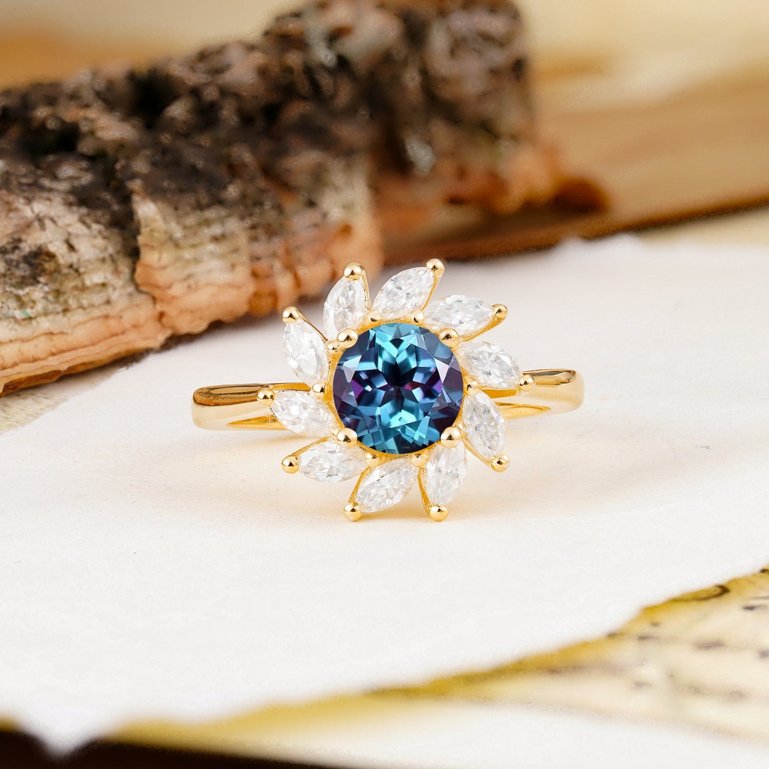 Nature-Inspired Classic Flower-Shaped 4-Prong Round Cut Alexandrite Engagement Ring