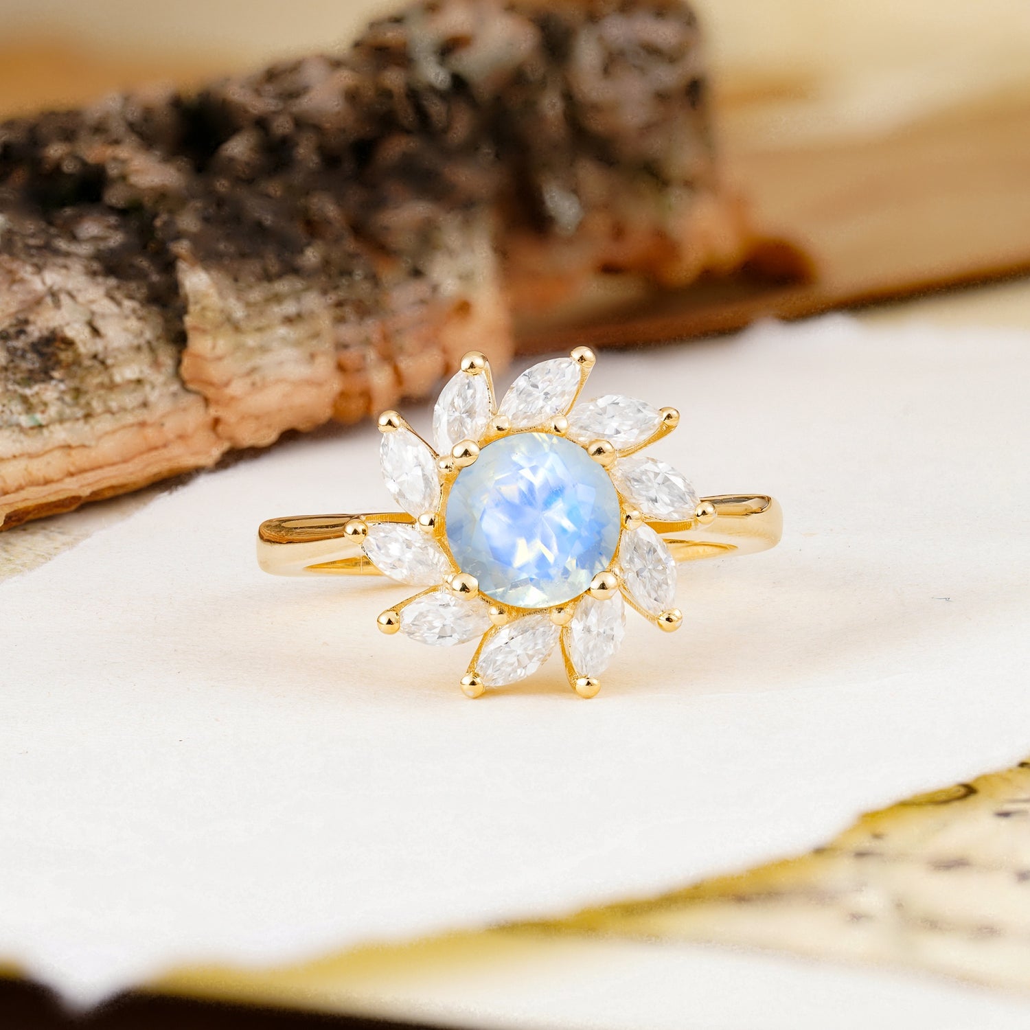 Nature-Inspired Classic Flower-Shaped 4-Prong Round Cut Moonstone Engagement Ring