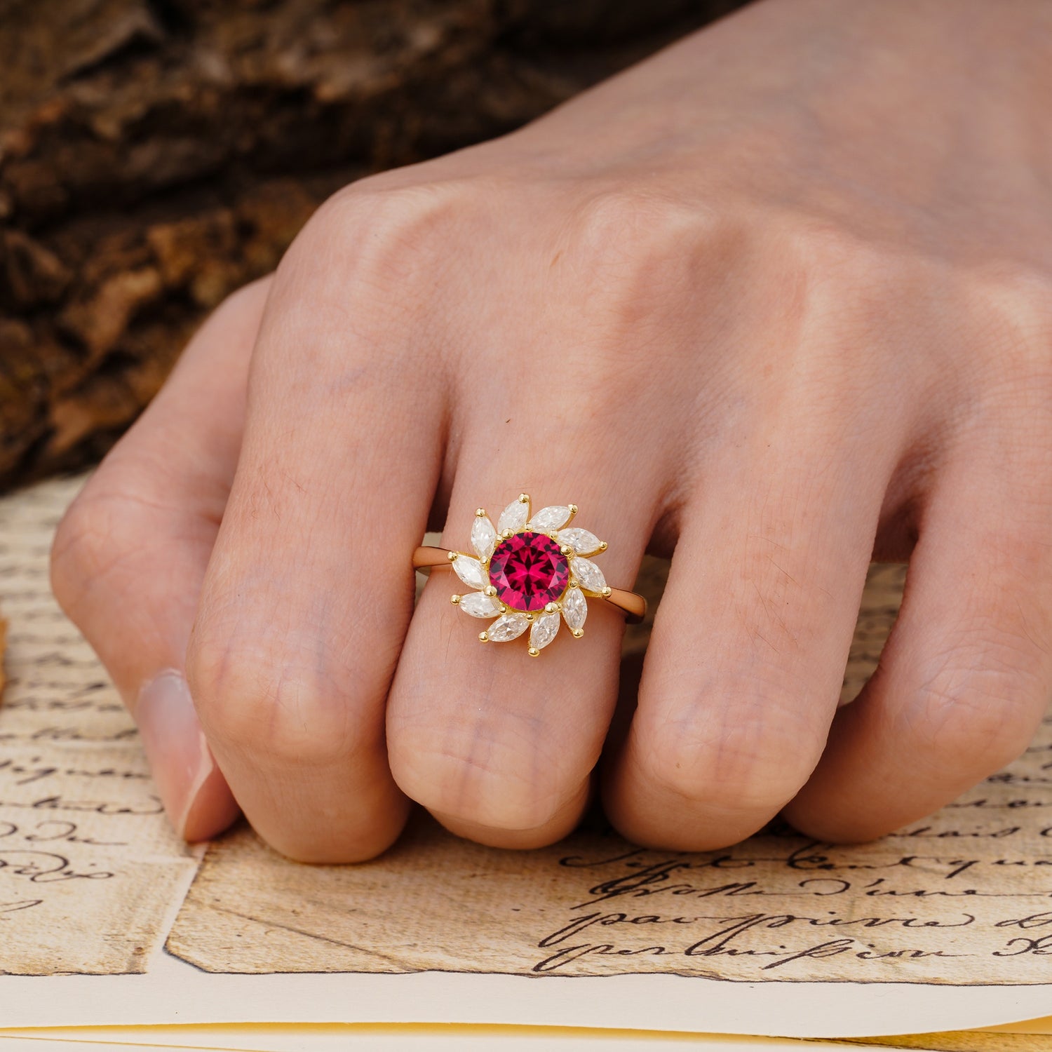 Nature-Inspired Classic Flower-Shaped 4-Prong Round Cut Ruby Engagement Ring