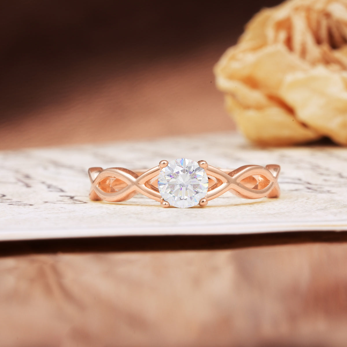 Classic, Minimalist, Twisted 4-Prong Round Cut Moissanite Engagement Ring - Additional view