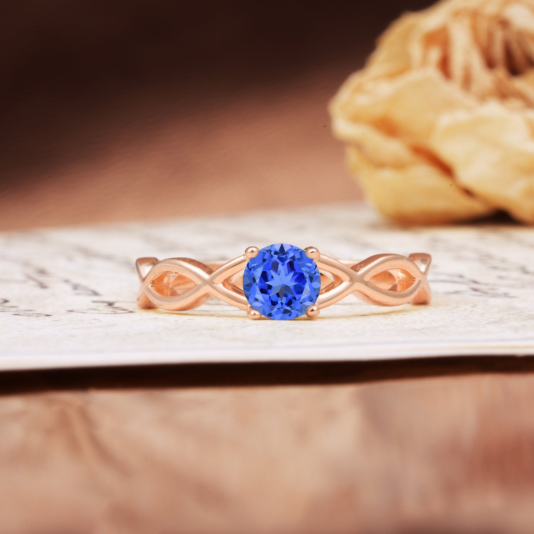 Classic, Minimalist, Twisted 4-Prong Round Cut Sapphire Engagement Ring - Additional view