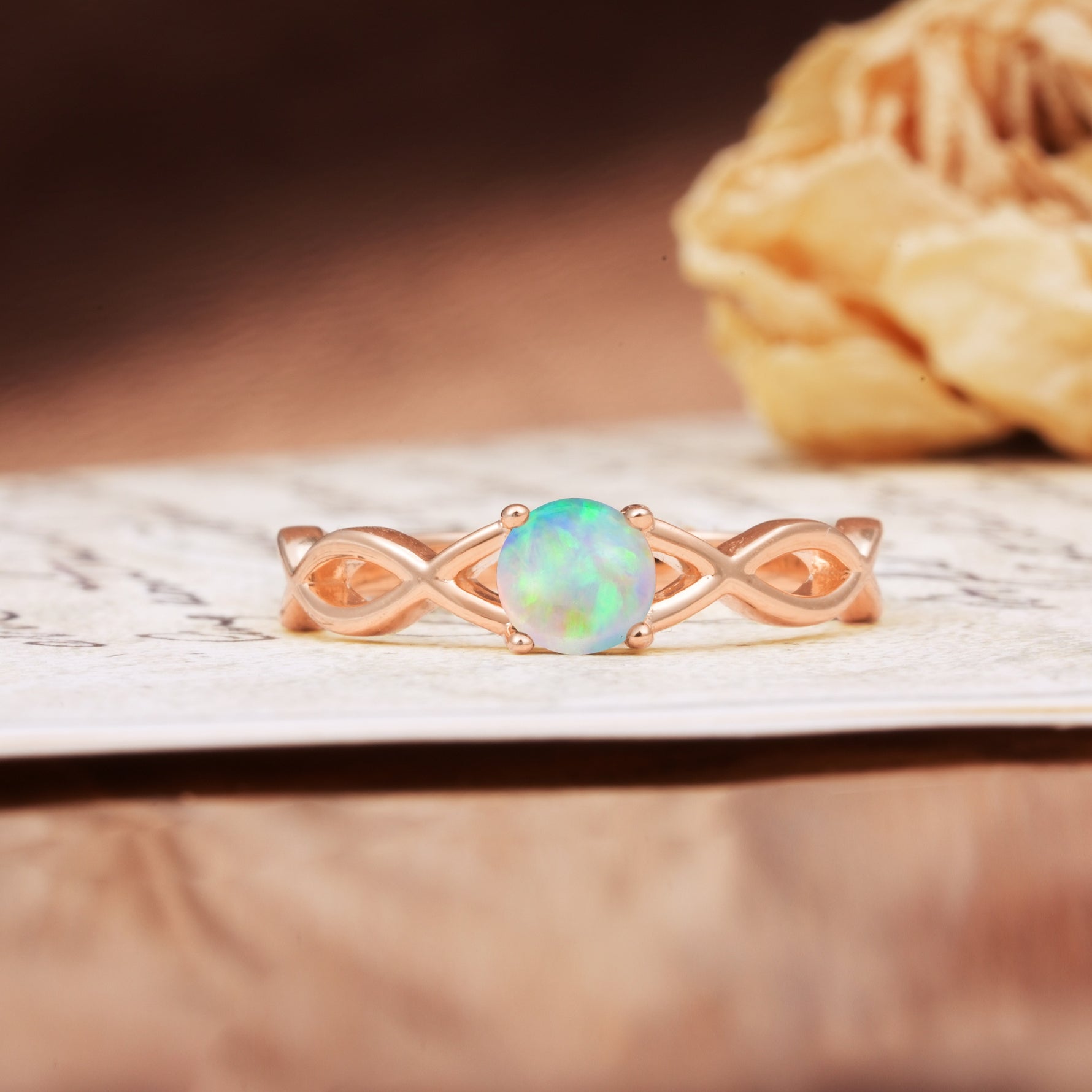 Classic, Minimalist, Twisted 4-Prong Round Cut Fire Opal Engagement Ring - Additional view