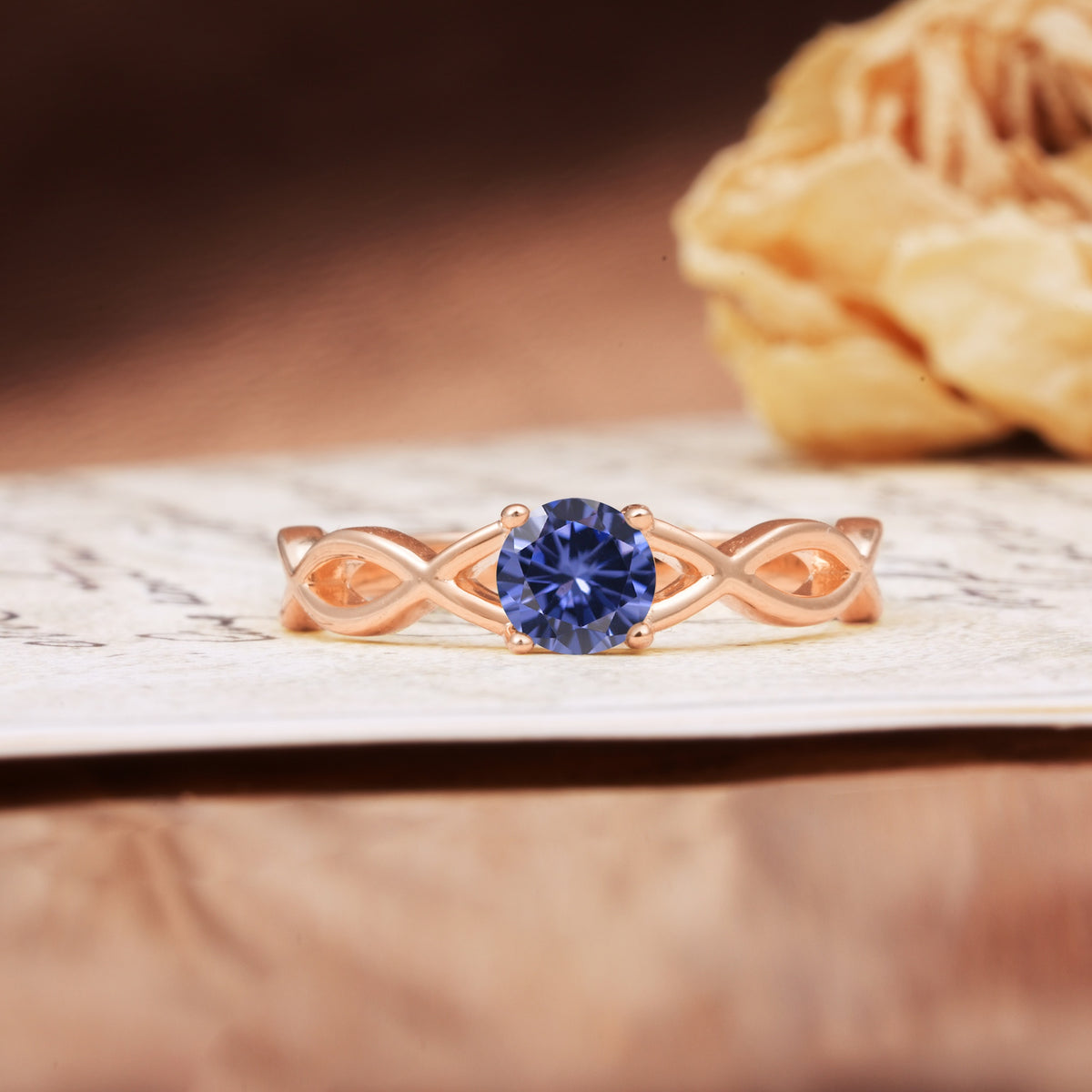 Classic, Minimalist, Twisted 4-Prong Round Cut Tanzanite Engagement Ring - Additional view