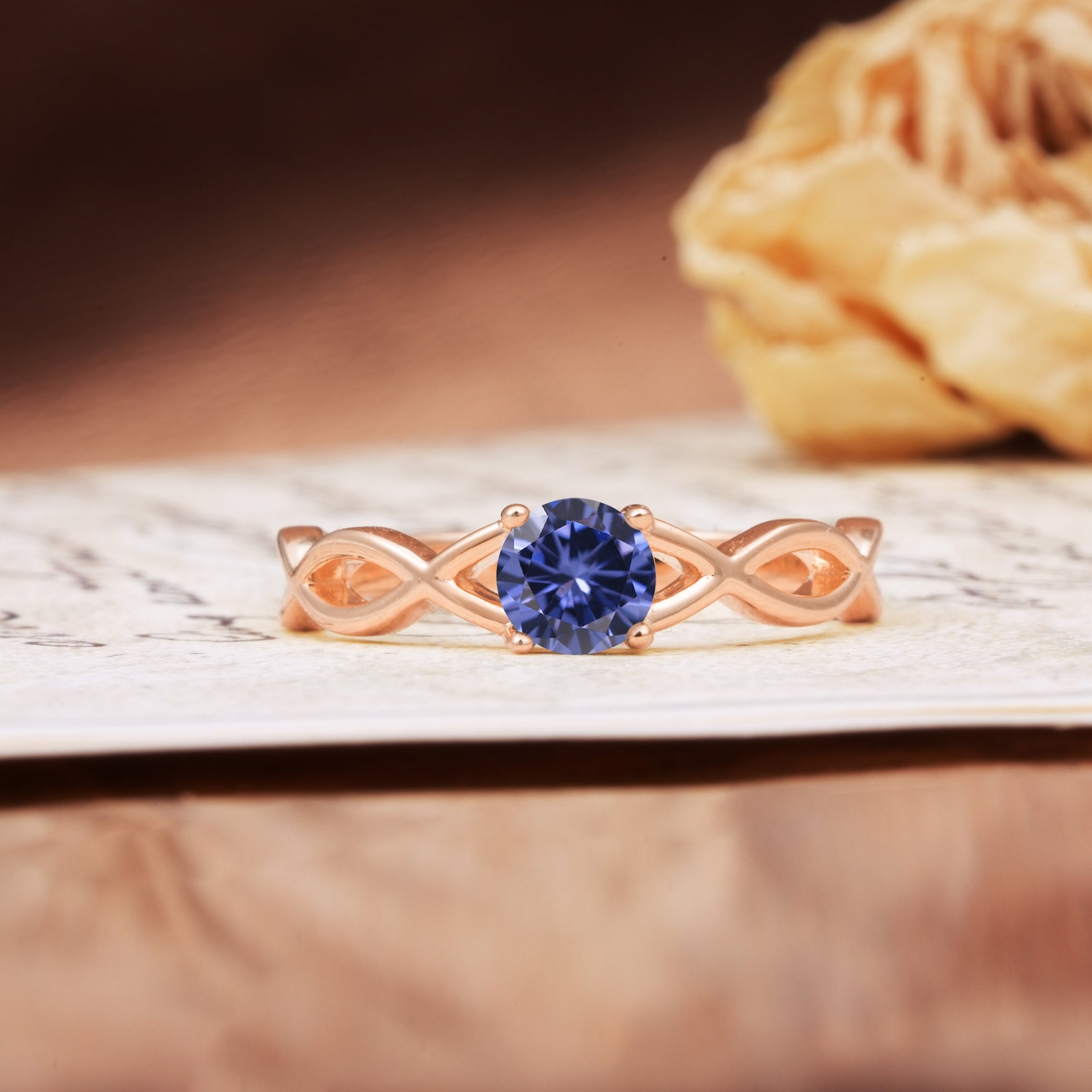 Classic, Minimalist, Twisted 4-Prong Round Cut Tanzanite Engagement Ring - Additional view