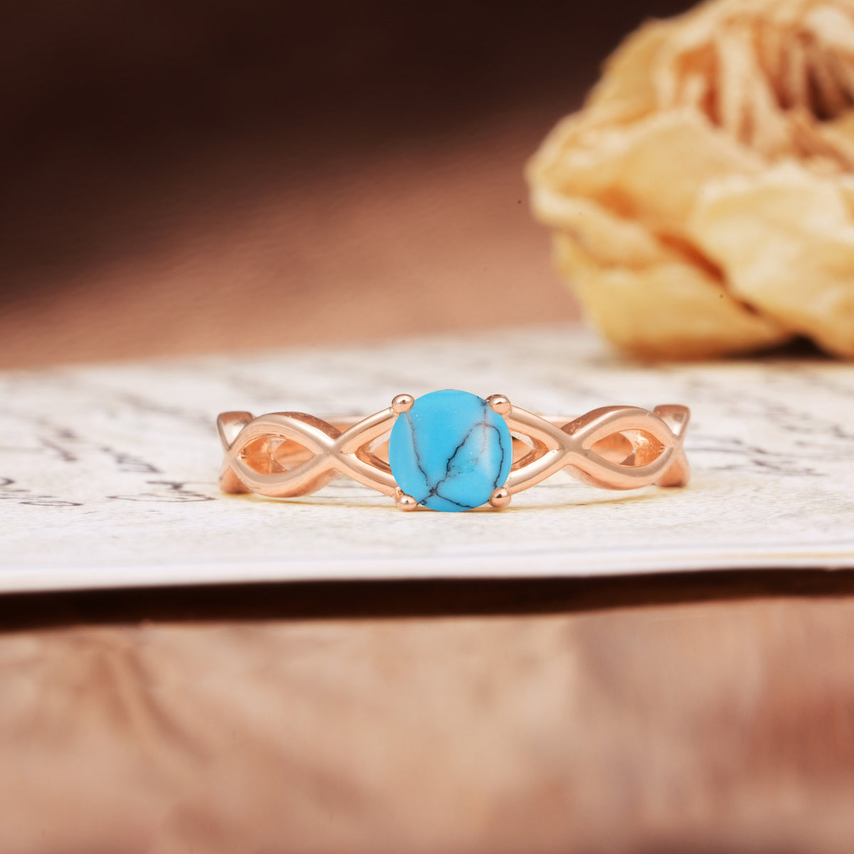 Classic, Minimalist, Twisted 4-Prong Round Cut Turquoise Engagement Ring - Additional view