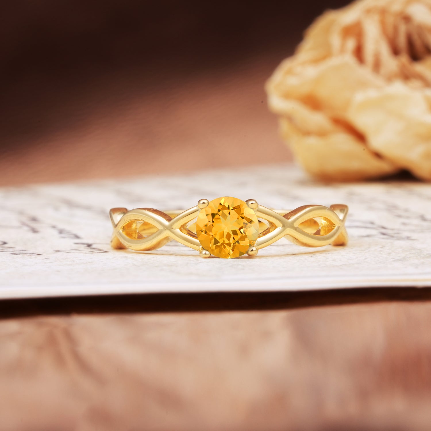 Classic, Minimalist, Twisted 4-Prong Round Cut Citrine Engagement Ring