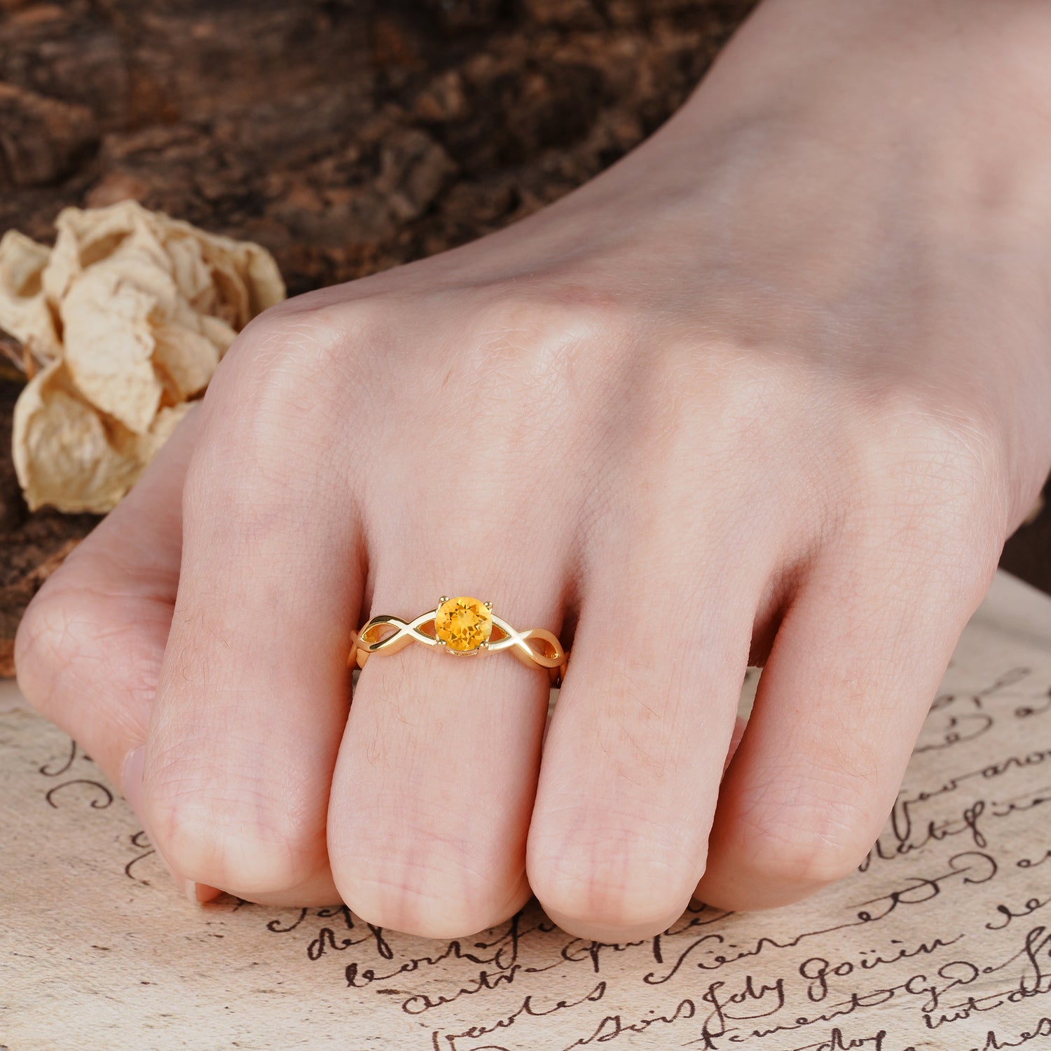 Classic, Minimalist, Twisted 4-Prong Round Cut Citrine Engagement Ring