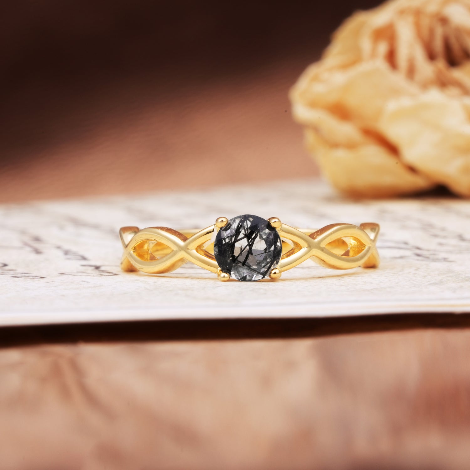 Classic, Minimalist, Twisted 4-Prong Round Cut Black Rutilated Quartz Engagement Ring