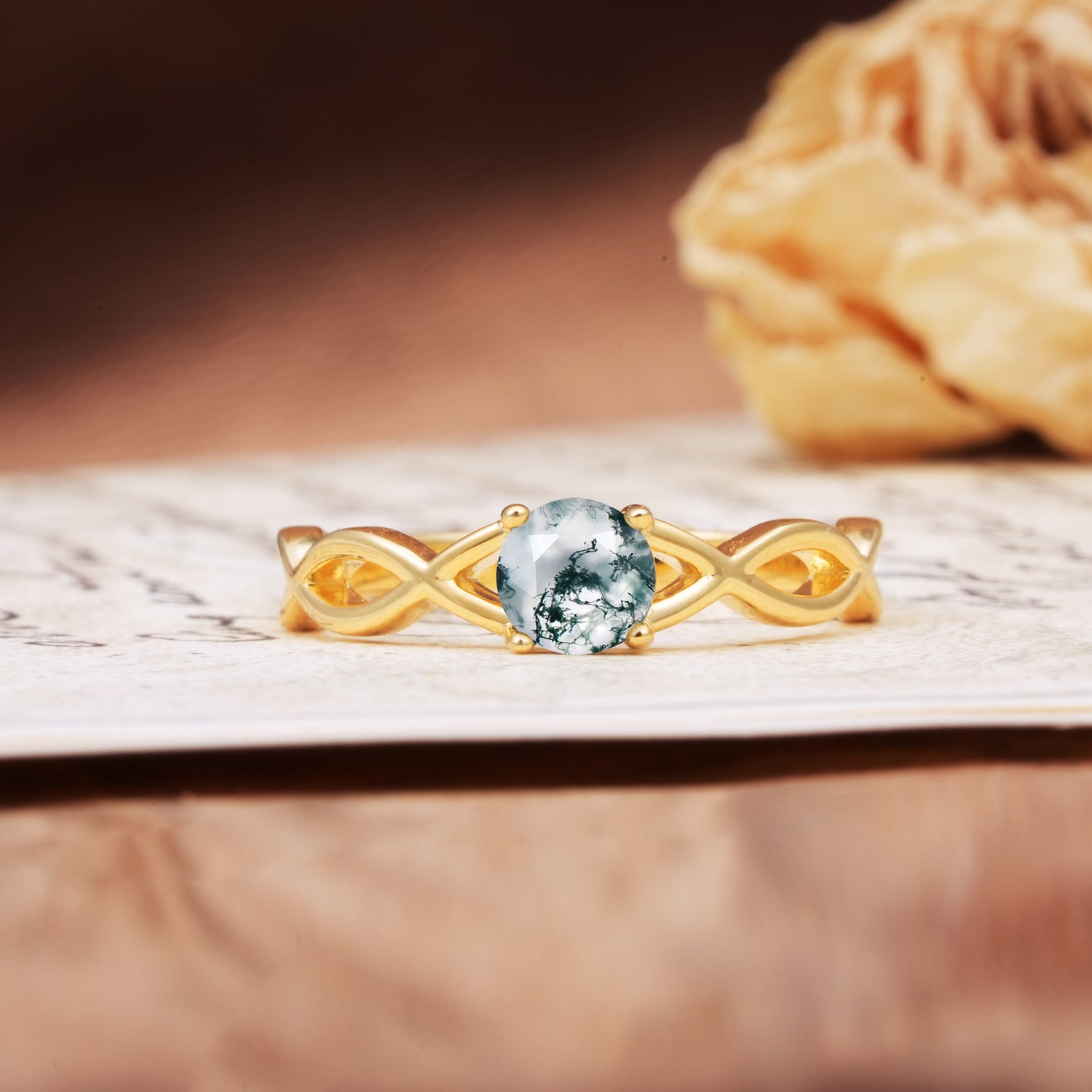 Classic, Minimalist, Twisted 4-Prong Round Cut Moss Agate Engagement Ring