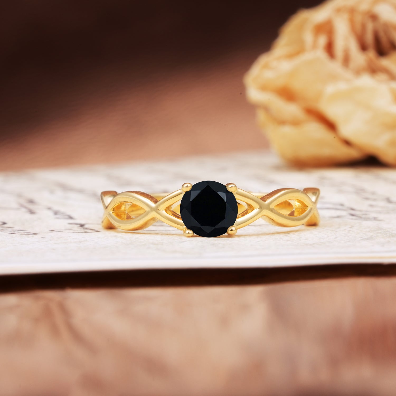 Classic, Minimalist, Twisted 4-Prong Round Cut Black Onyx Engagement Ring