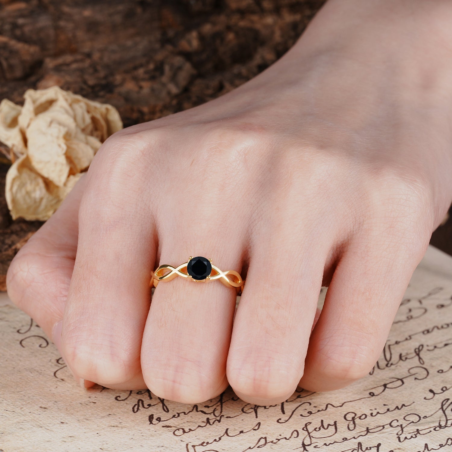 Classic, Minimalist, Twisted 4-Prong Round Cut Black Onyx Engagement Ring