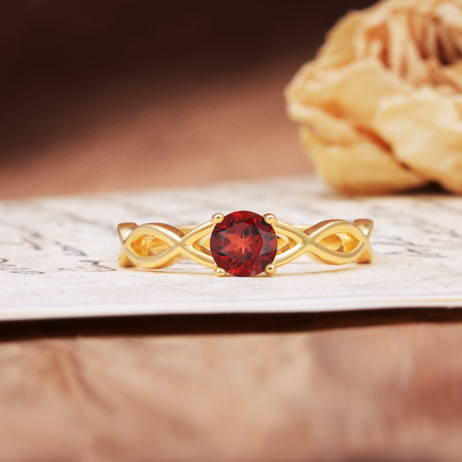 Classic, Minimalist, Twisted 4-Prong Round Cut Garnet Engagement Ring