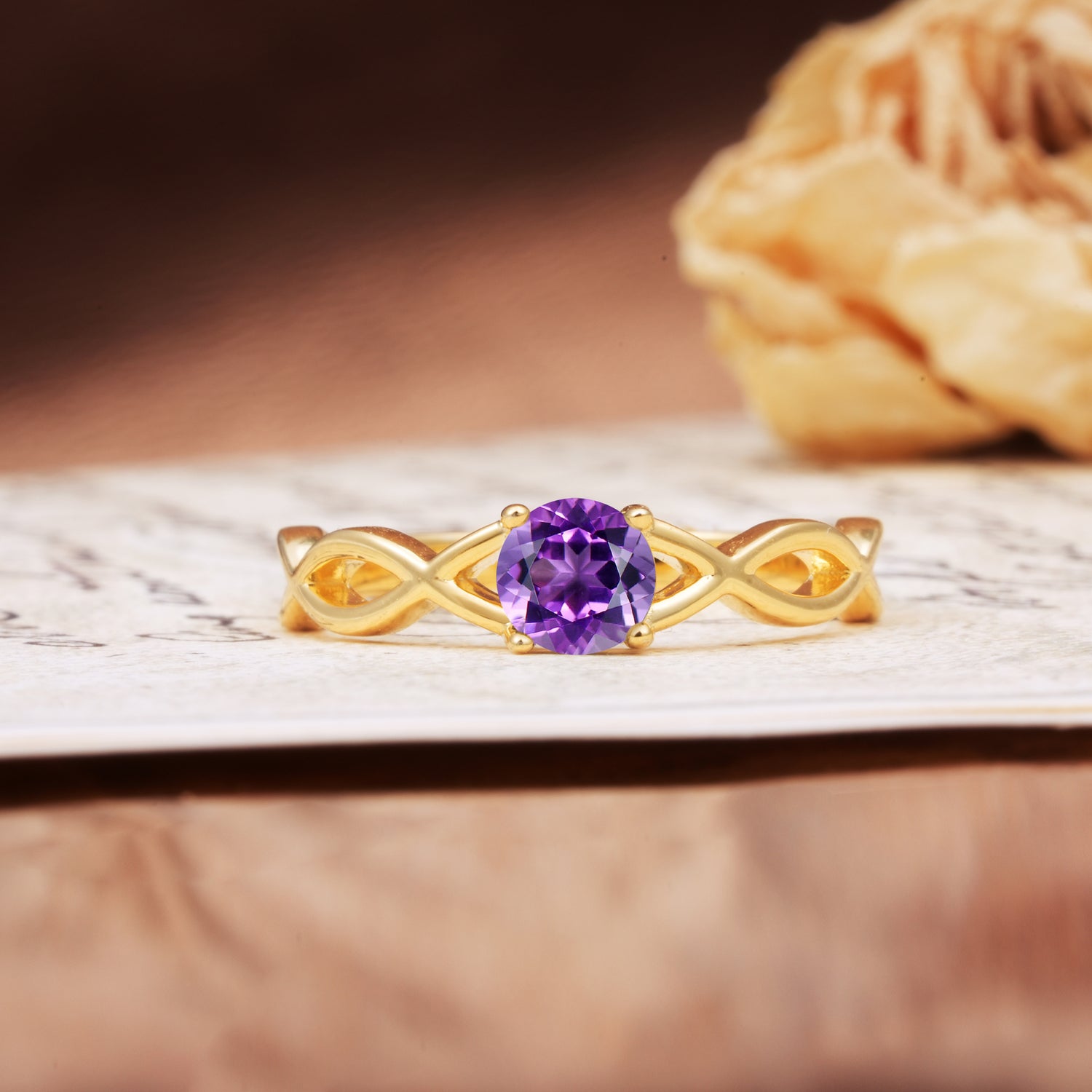 Classic, Minimalist, Twisted 4-Prong Round Cut Amethyst Engagement Ring