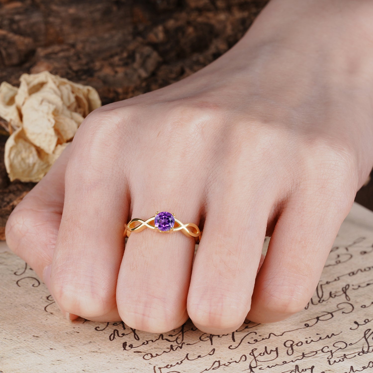 Classic, Minimalist, Twisted 4-Prong Round Cut Amethyst Engagement Ring