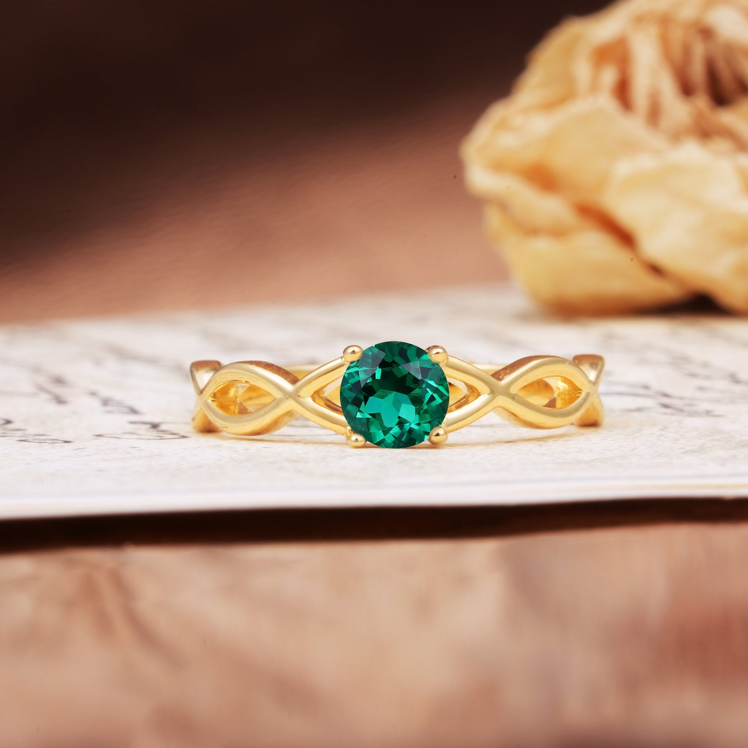 Classic, Minimalist, Twisted 4-Prong Round Cut Emerald Engagement Ring