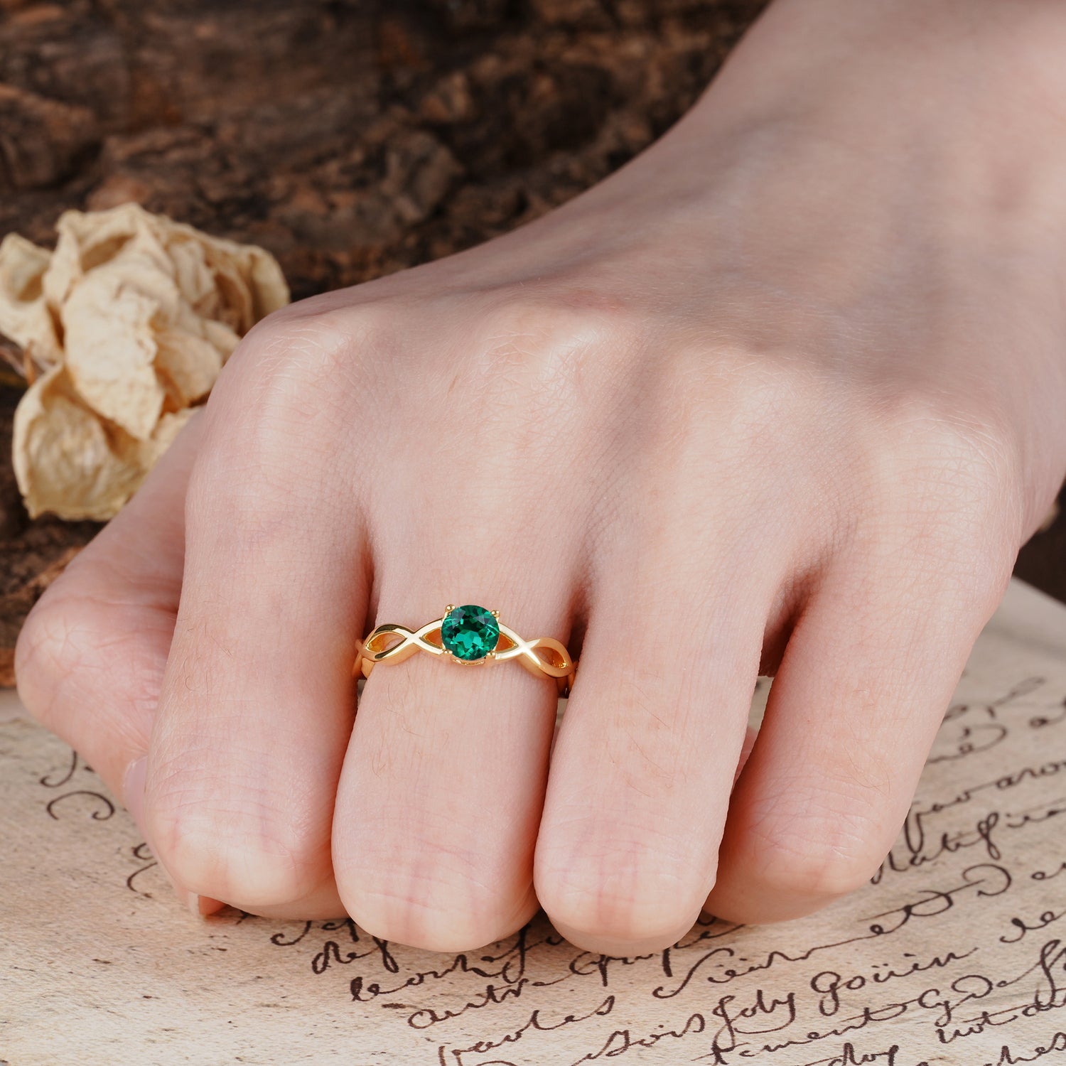 Classic, Minimalist, Twisted 4-Prong Round Cut Emerald Engagement Ring