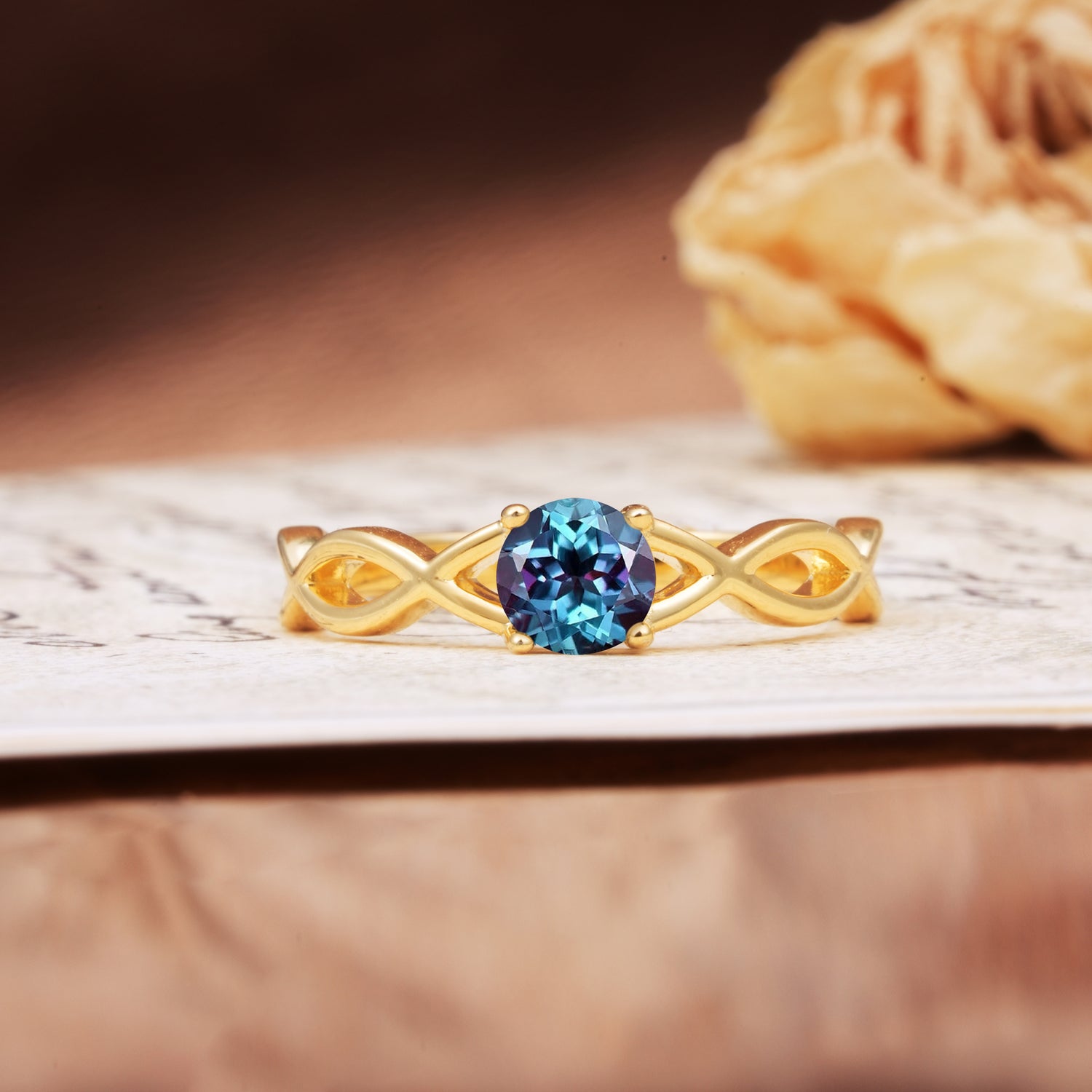 Classic, Minimalist, Twisted 4-Prong Round Cut Alexandrite Engagement Ring