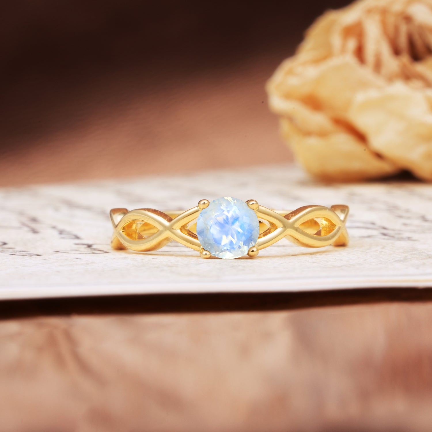 Classic, Minimalist, Twisted 4-Prong Round Cut Moonstone Engagement Ring