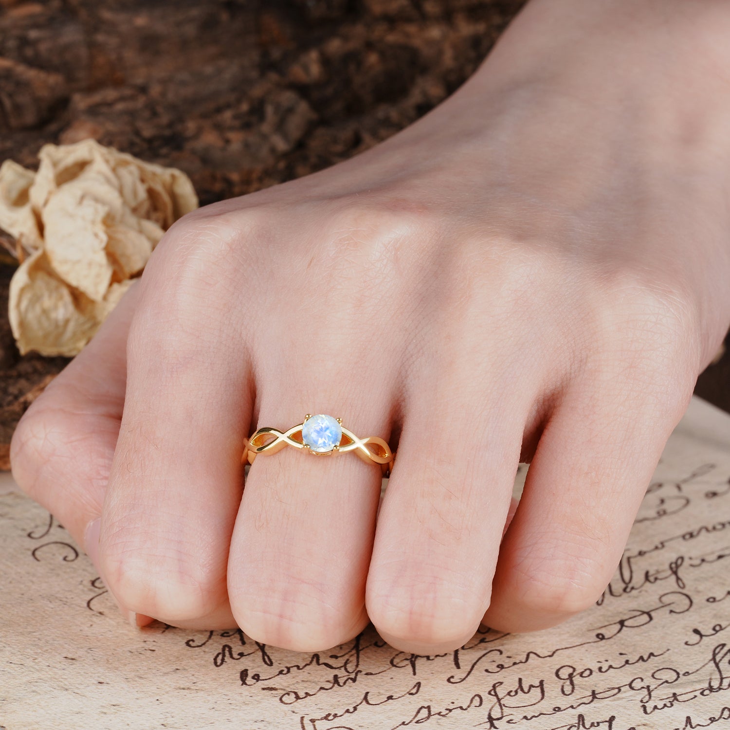 Classic, Minimalist, Twisted 4-Prong Round Cut Moonstone Engagement Ring