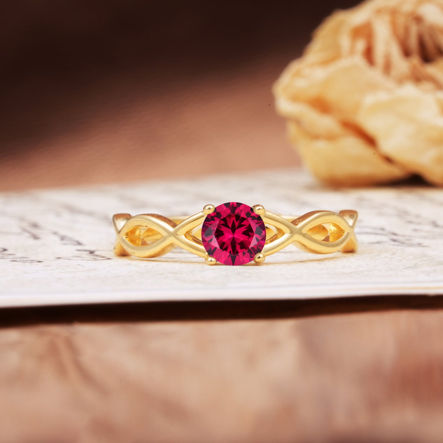 Classic, Minimalist, Twisted 4-Prong Round Cut Ruby Engagement Ring