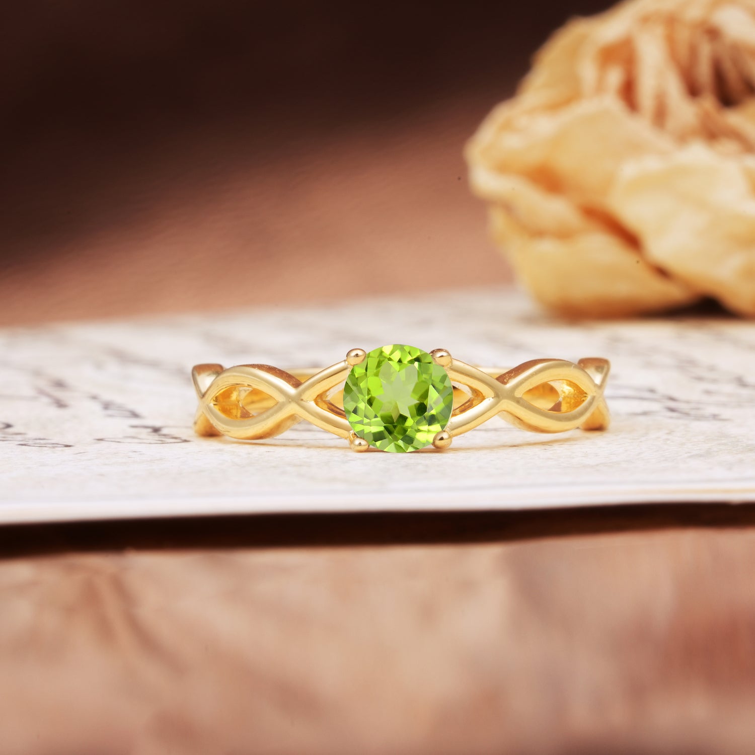 Classic, Minimalist, Twisted 4-Prong Round Cut Peridot Engagement Ring