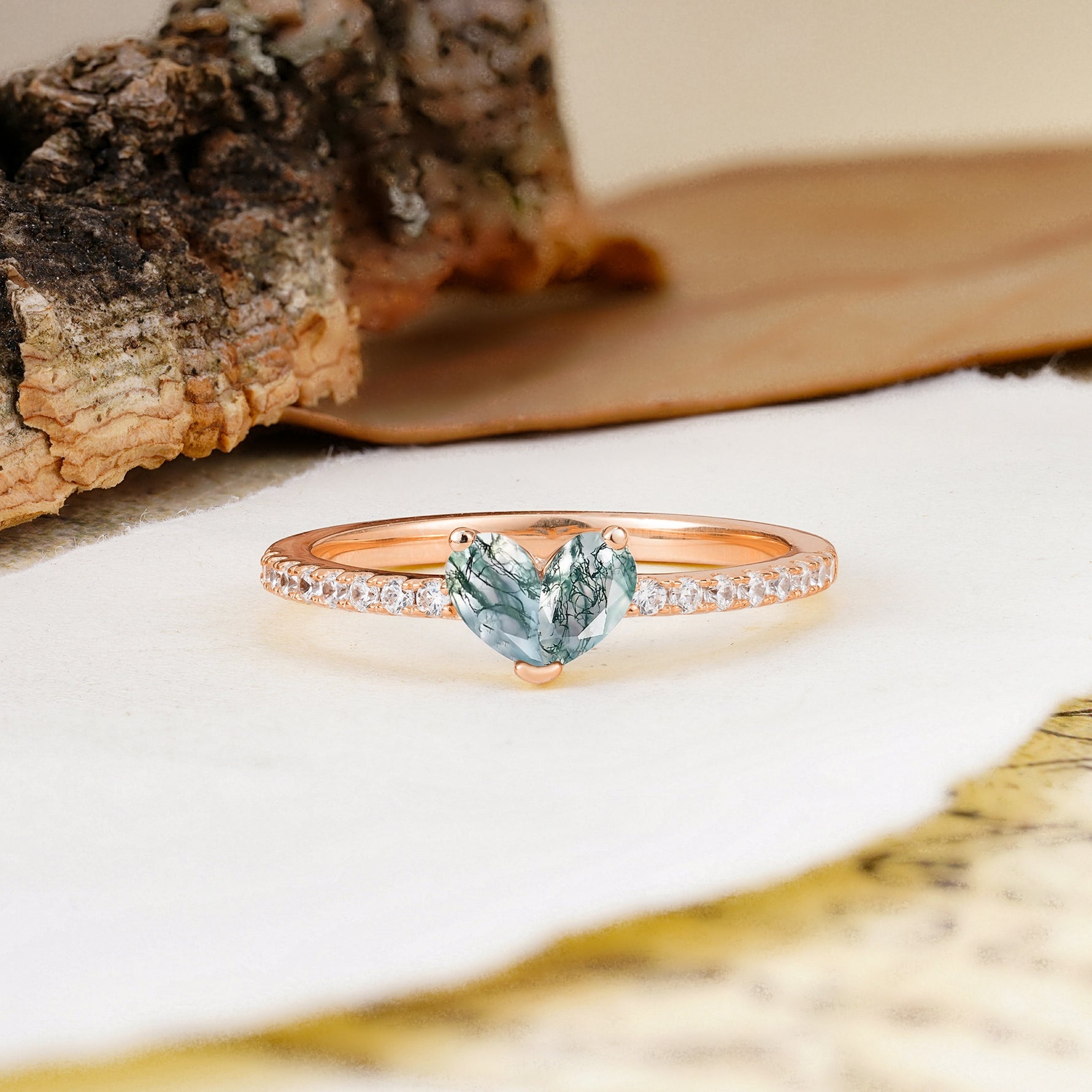 Unique Classic 3-Prong Heart Cut Moss Agate Engagement Ring - Additional view