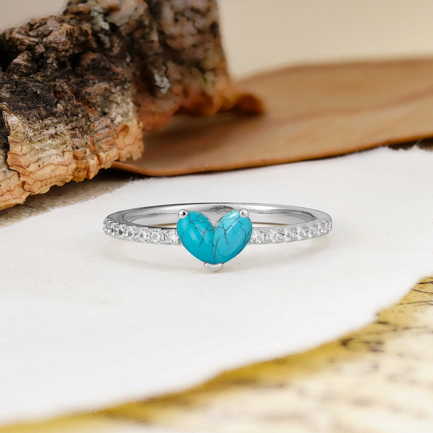 Unique Classic 3-Prong Heart Cut Turquoise Engagement Ring - Additional view