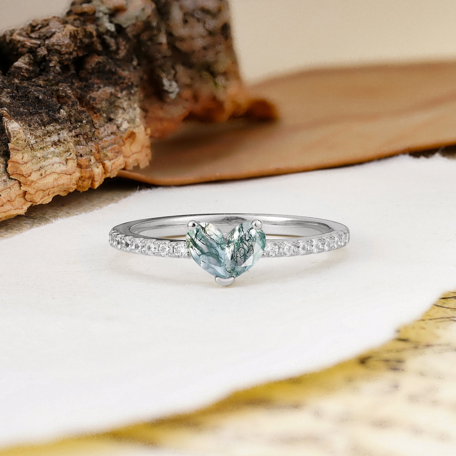 Unique Classic 3-Prong Heart Cut Moss Agate Engagement Ring - Additional view