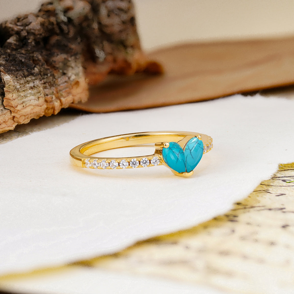 Unique Classic 3-Prong Heart Cut Turquoise Engagement Ring - Additional view