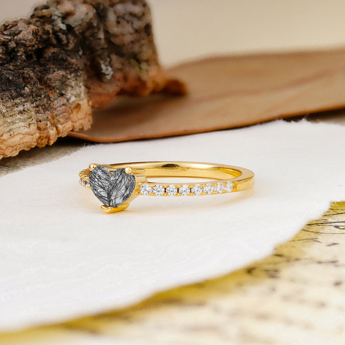 Unique Classic 3-Prong Heart Cut Black Rutilated Quartz Engagement Ring - Additional view