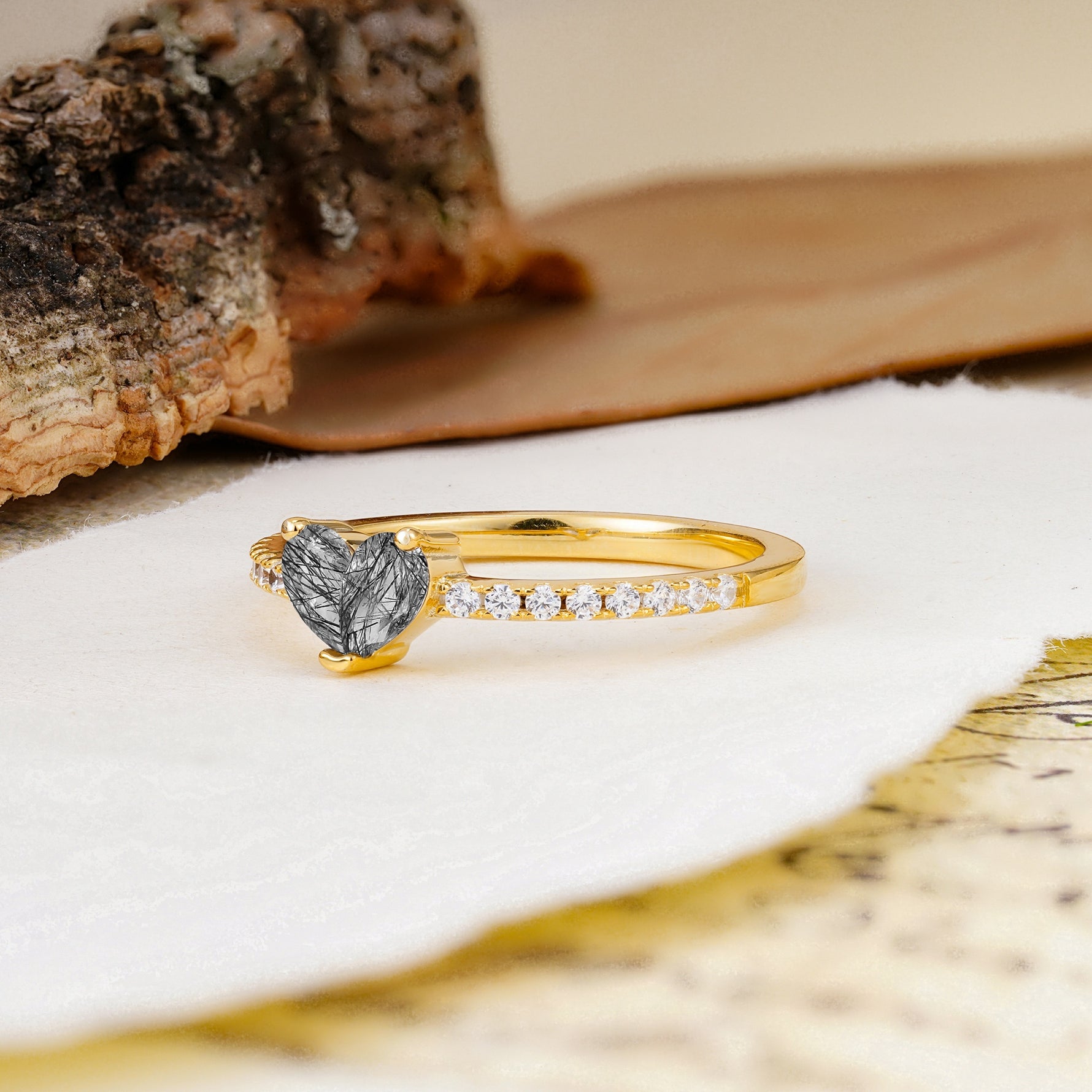 Unique Classic 3-Prong Heart Cut Black Rutilated Quartz Engagement Ring - Additional view