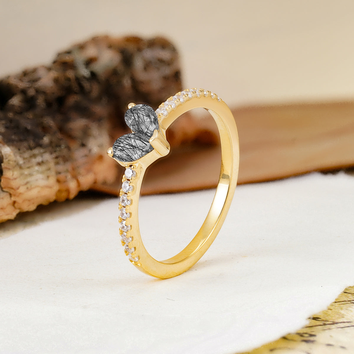 Unique Classic 3-Prong Heart Cut Black Rutilated Quartz Engagement Ring - Additional view