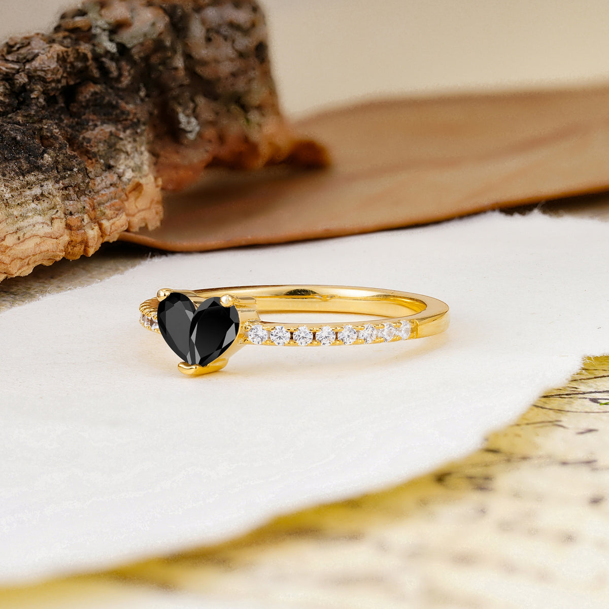 Unique Classic 3-Prong Heart Cut Black Onyx Engagement Ring - Additional view
