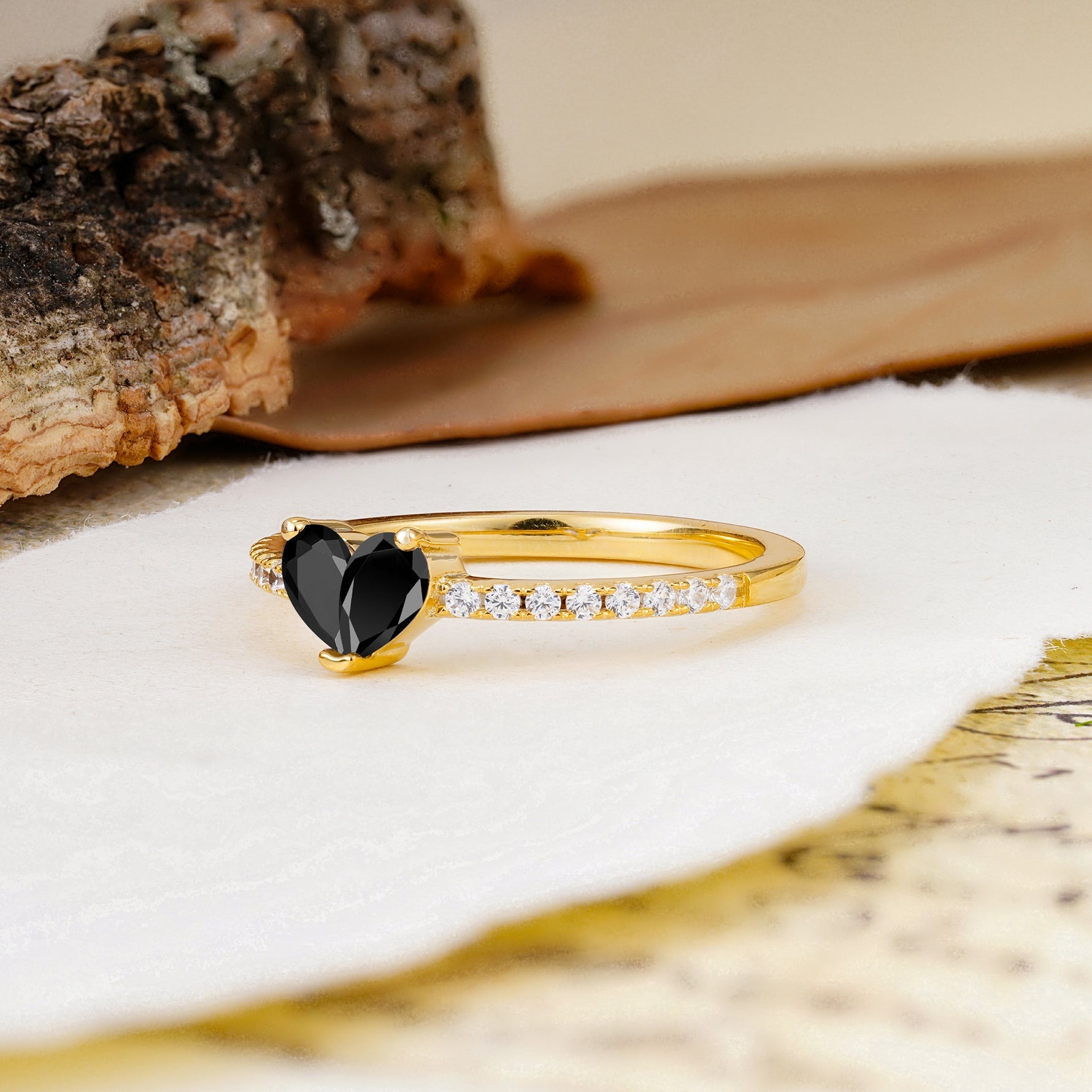 Unique Classic 3-Prong Heart Cut Black Onyx Engagement Ring - Additional view