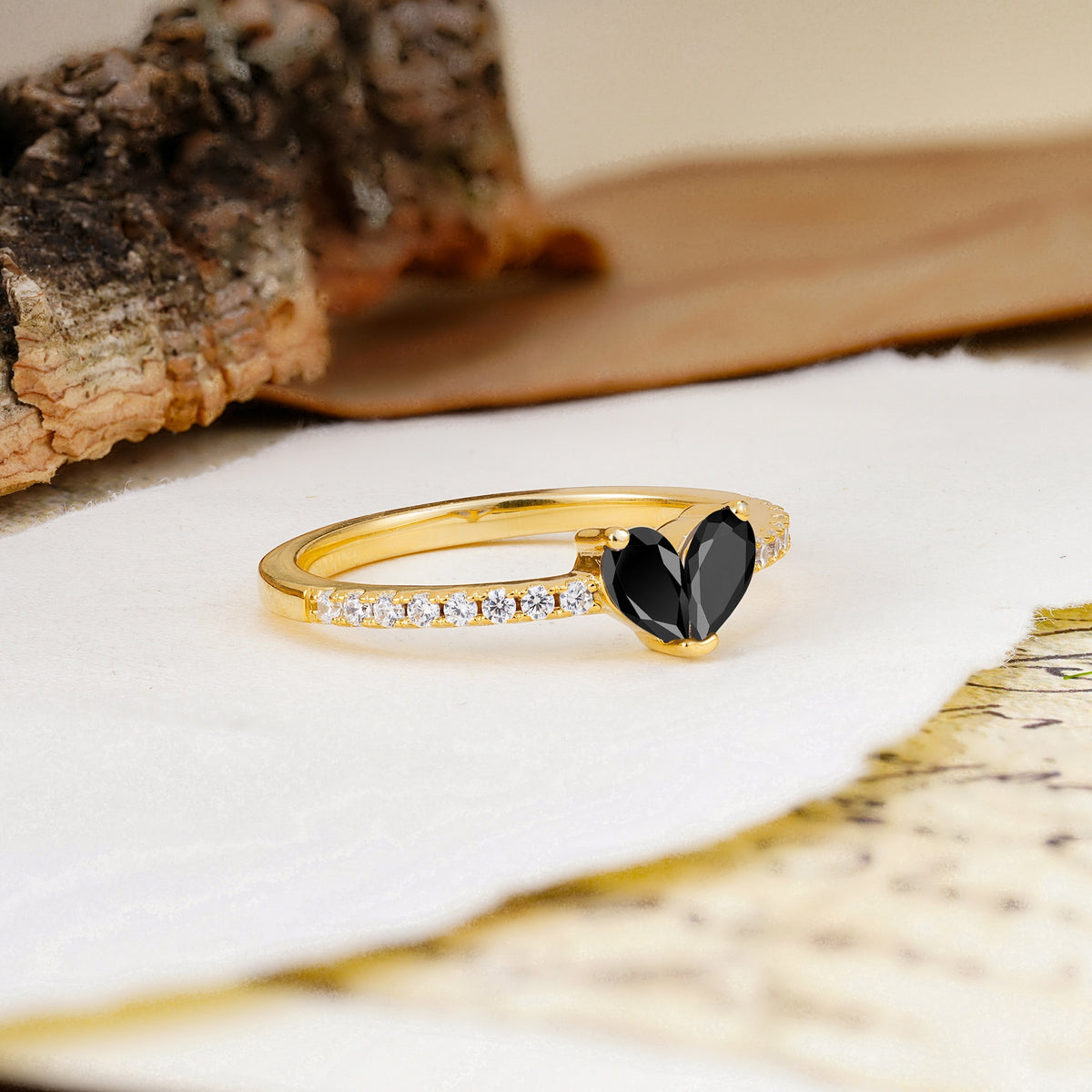 Unique Classic 3-Prong Heart Cut Black Onyx Engagement Ring - Additional view