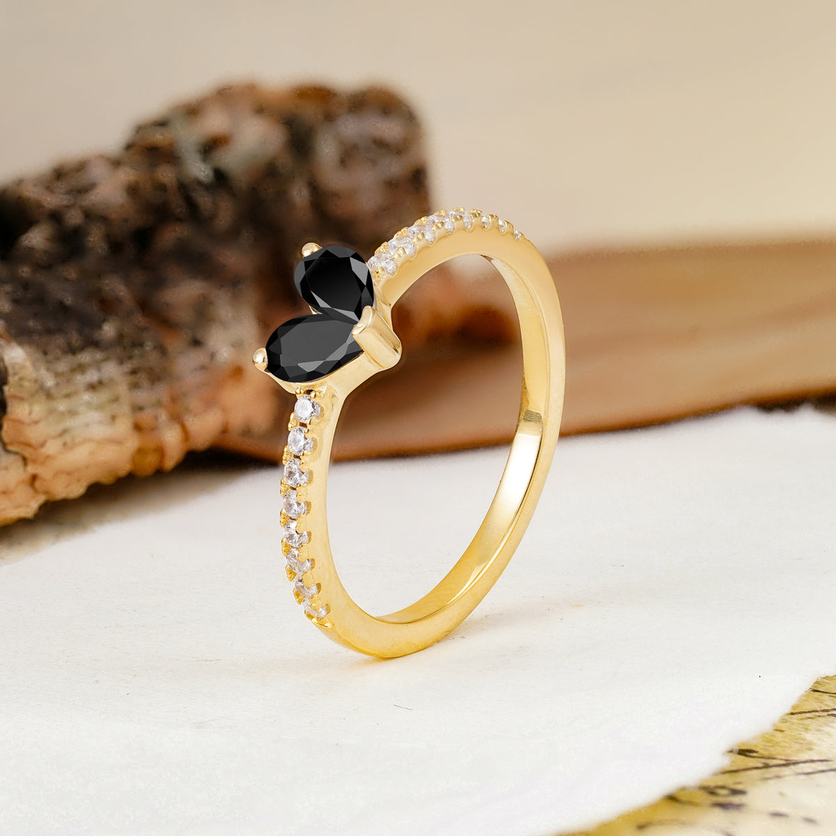 Unique Classic 3-Prong Heart Cut Black Onyx Engagement Ring - Additional view