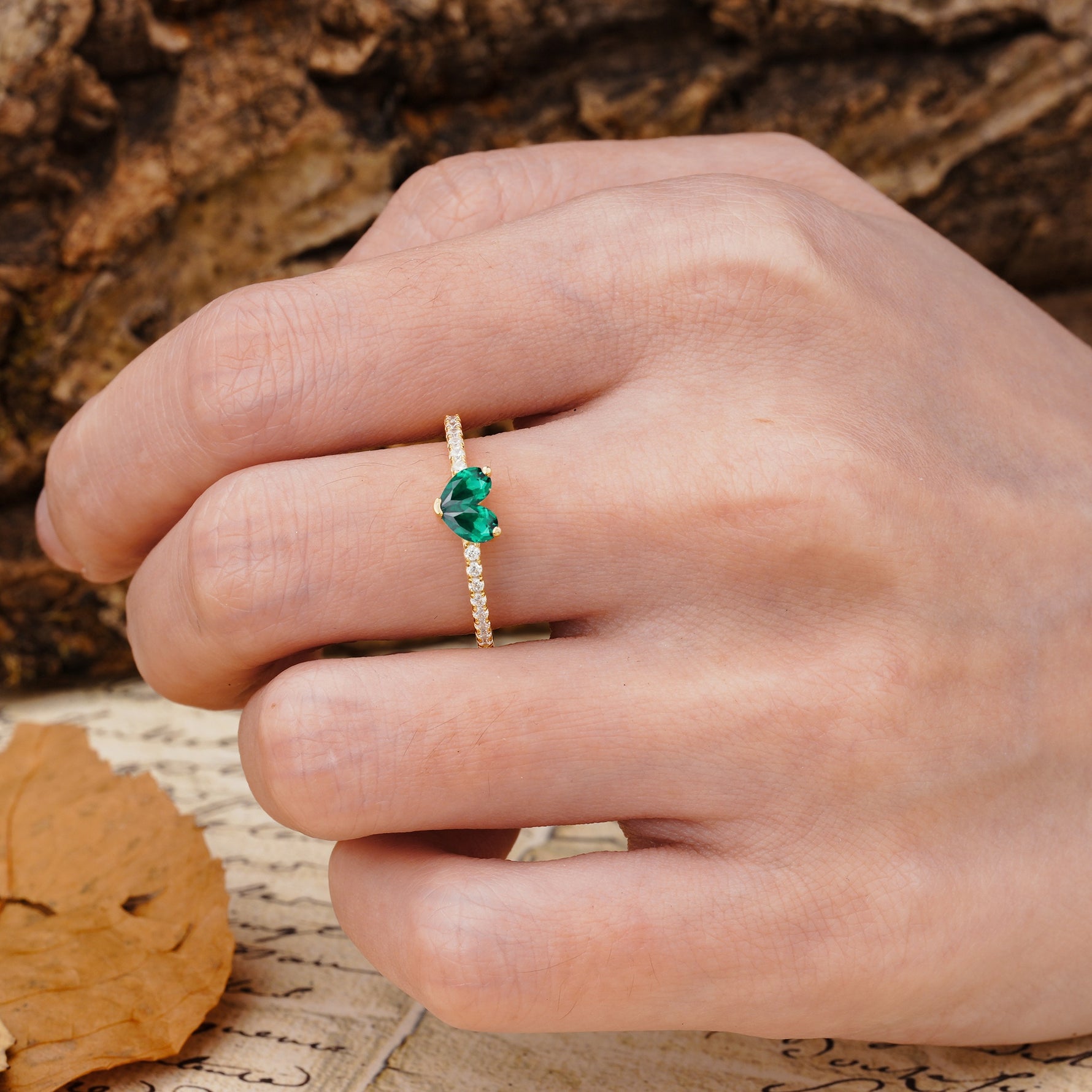 Unique Classic 3-Prong Heart Cut Emerald Engagement Ring - Additional view