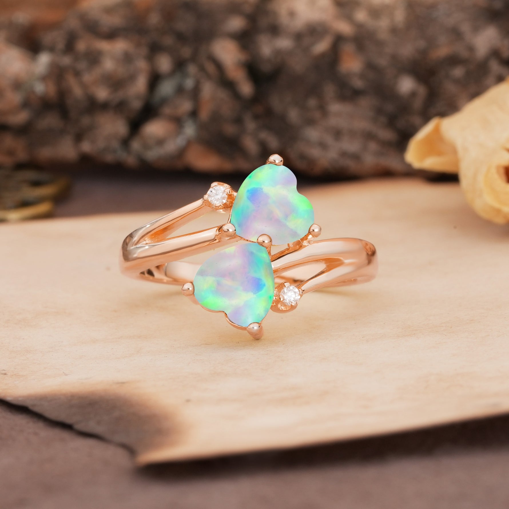 Classic Twisted 3-Prong Double Heart Cut Fire Opal Engagement Ring - Additional view