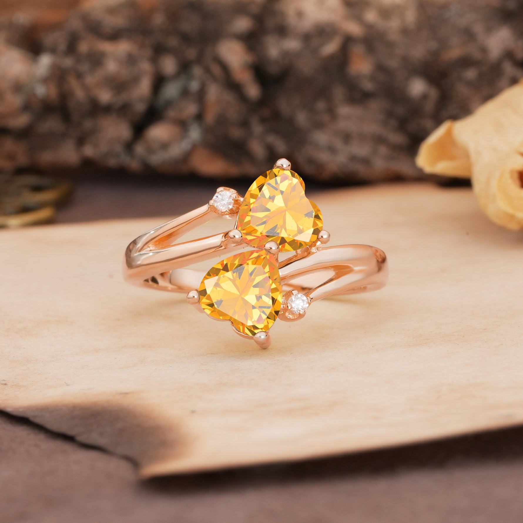 Classic Twisted 3-Prong Double Heart Cut Citrine Engagement Ring - Additional view