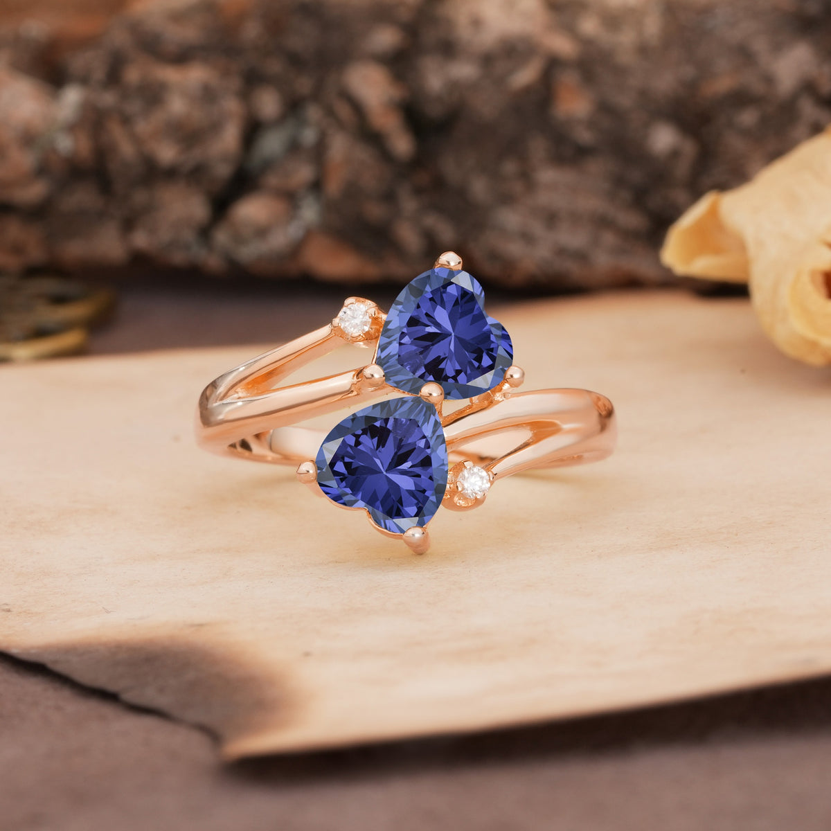 Classic Twisted 3-Prong Double Heart Cut Tanzanite Engagement Ring - Additional view