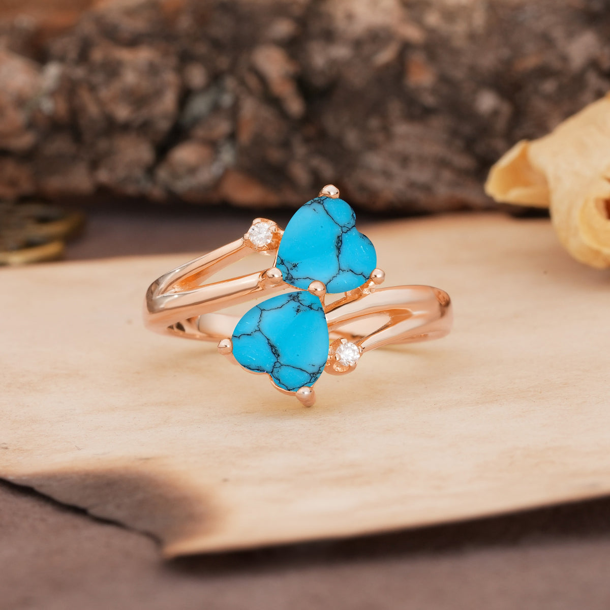 Classic Twisted 3-Prong Double Heart Cut Turquoise Engagement Ring - Additional view